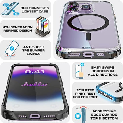 REBEL Clear Case for iPhone 14 Pro [Crystal Series Gen-4] Strong MagSafe Compatible, Anti-Scratch, Non-Yellowing, Protective Shockproof Bumpers, Metal Buttons, 6.1 in Phone Cover 2023 (Crystal Black) - color: Crystal Black, size: iPhone 14 Pro