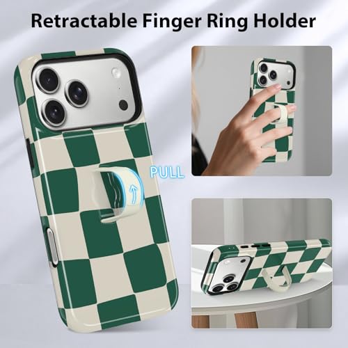 KANGHAR Compatible with iPhone 17 Pro Case Checkered -Green White | Silicone Cute Pattern, Finger Hold Wristband Kickstand Camera Protection Soft Slim Phone Case for Girls Women - color: (Checkered)Green White, size: iPhone 17 Pro