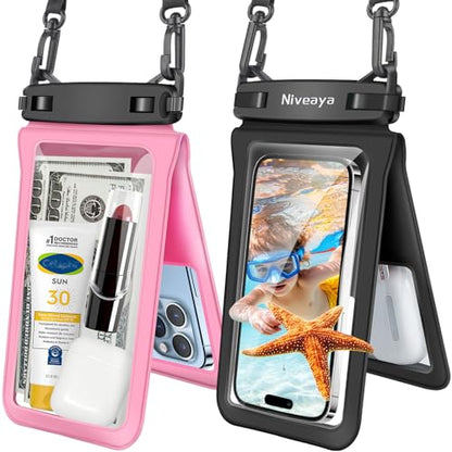 Niveaya Double Space Waterproof Phone Pouch - 2 Pack, Waterproof Phone Lanyard Case with iPhone 17/16/15/14/13 Pro Max up to 8.3", Phone Dry Bags for Vacation Beach Pool Kayak Cruise Travel Essentials - color: Black + Pink, size: Medium 8.3"