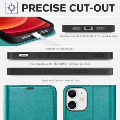TUCCH Case Wallet for iPhone 12/12 Pro 6.1" 2020, RFID Blocking Folio, Cyan | 3 Card Holders, Kickstand, PU Leather, Magnetic Closure, Shockproof TPU Shell, Protective Flip Cover - color: Cyan - Textured