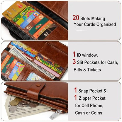 YALUXE Women's Real Leather Wallet RFID Protect 21 Card Slots Phone Pocket - color: 8- Waxed DarkBrown, size: Genuine Leather