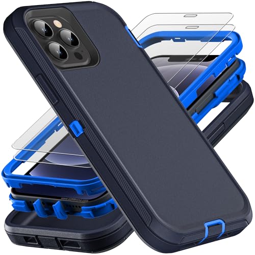 YKHJKLEC for iPhone 12/12 Pro Case, Military Grade 3 in 1 Heavy Duty Shockproof/Drop Proof/Dust Proof with 2Pcs Tempered Glass Screen Protector (Navy Blue) - color: Navy Blue