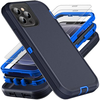 YKHJKLEC for iPhone 12/12 Pro Case, Military Grade 3 in 1 Heavy Duty Shockproof/Drop Proof/Dust Proof with 2Pcs Tempered Glass Screen Protector (Navy Blue) - color: Navy Blue