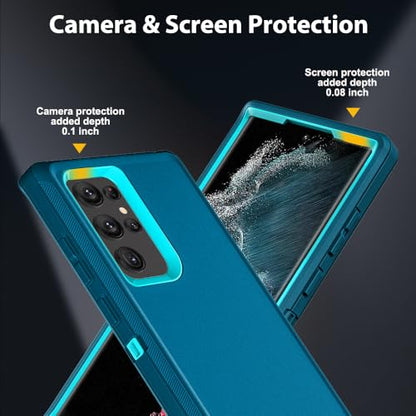 for Samsung Galaxy S22 Ultra Case with 2Pcs Self Healing Flexible TPU Screen Protector & Camera Lens Protector, 3 in 1 Heavy Duty Shockproof/Drop Proof/Dust Proof Case (Blue/Turquoise) - color: Blue/Turquoise