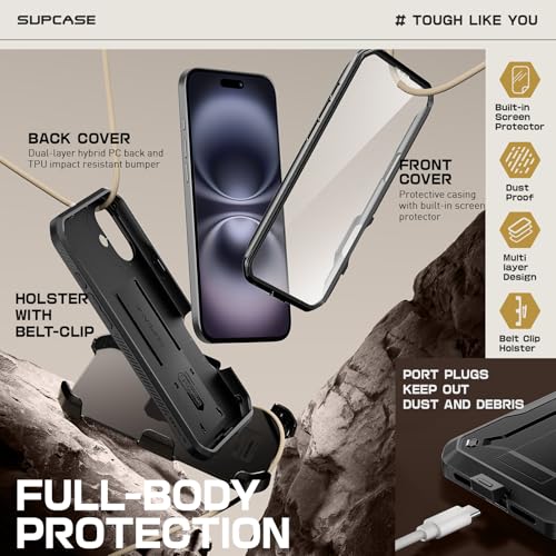 SUPCASE for iPhone 16 Case with Screen Protector & Kickstand, Black - color: Black