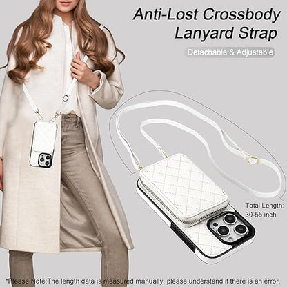 Bocasal Crossbody Wallet Case Card Holder for iPhone 15 Pro, White | RFID Blocking PU Leather Zipper Handbag Purse, Kickstand Flip Folio Case with Card Slots Holder Wrist Strap Lanyard 6.1 Inch - color: White