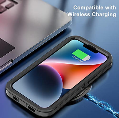 for iPhone 14 Case with 2 Screen Protector, Heavy Duty Shockproof Dropproof Dust Proof Full Body Rugged 3-Layer Military Tough Durable Protective Cover for Apple iPhone 14 6.1" (Black) - color: Black