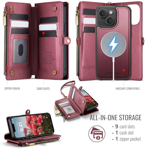 Defencase for iPhone 14 Plus Case Wallet Compatible with Magsafe, Wine Red | Drop-Proof Magnetic Detachable Phone Cases Cover, with RFID Bolcking Card Holder, Zipper Strap, PU Leather, Removable Wallet - color: (Detachable with Magsafe)-Wine Red