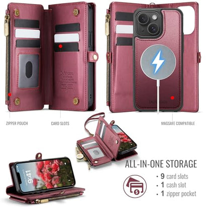 Defencase for iPhone 14 Plus Case Wallet Compatible with Magsafe, Wine Red | Drop-Proof Magnetic Detachable Phone Cases Cover, with RFID Bolcking Card Holder, Zipper Strap, PU Leather, Removable Wallet - color: (Detachable with Magsafe)-Wine Red