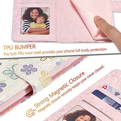 UEEBAI Wallet Case for iPhone 13, PU Leather Phone Cover Kickstand RFID Blocking Flip Case Card Slots Wrist Strap Relief Engraved Pattern Magnetic Closure Flower Folio Wallet, White Daisy - color: White Daisy, size: iPhone 13