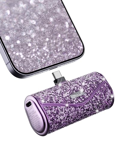 iWALK Upgraded Sparkly Portable Charger 22.5W, 5000mAh Power Bank for iPhone 18 Pro/17/16/15 Series, Mini Battery Pack with Built-in USB-C Connector Compatible with Samsung S25/24, iPad Air, AirPods - color: Purple