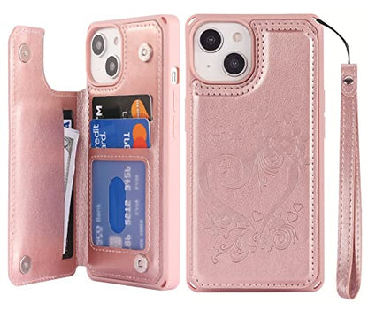 iCoverCase Compatible with iPhone 14 Wallet Phone Case with Card Holder for Women, RFID Blocking Embossed PU Leather Wrist Strap Case 6.1 Inch (Heart Rose Gold) - color: H-Rose Gold
