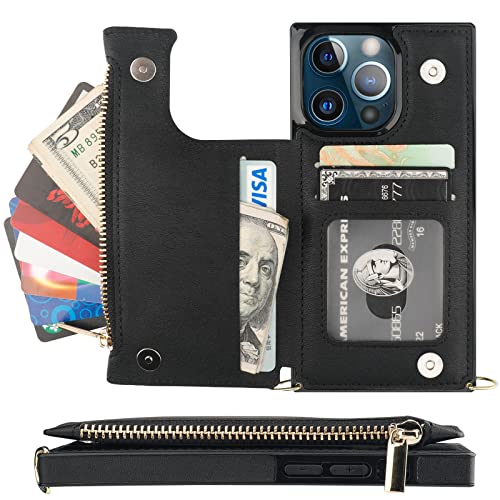Bocasal Crossbody Wallet Case for iPhone 13 Pro with RFID Blocking Card Slot Holder, Magnetic Flip Folio Purse Case, PU Leather Zipper Handbag with Detachable Lanyard Strap 6.1 Inch 5G (Black) - color: Black
