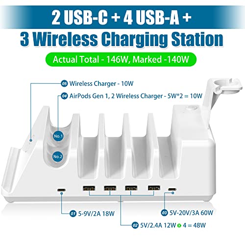 AGVEE 140W 7in1 Multi USB Charging Station Organizer Family Block Hub with Multi Cables, 3 Wireless Charger Dock for Pad Phone Cell Phone Android Tablet Multiple Devices, White