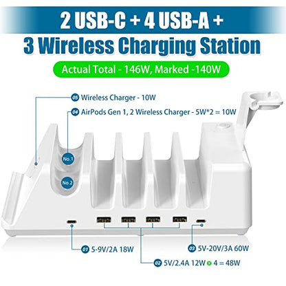AGVEE 140W 9in1 Multi USB Charging Station Organizer Family Block Hub with Multi Cables, 3 Wireless Charger Dock for Apple iPad iPhone Cell Phone Samsung Android Tablet Multiple Devices, White