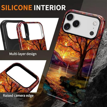 Magnetic Phone Case for iPhone 17 Pro Max,Compatible with MagSafe,Durable 2 Layers Full Covered Shockproof Protective Cover-Stained Glass Sunrise Fall Leaves - color: Stained Glass Sunrise Fall Leaves, size: iPhone 17 Pro Max