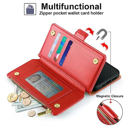 Antsturdy for iPhone 17 Pro Phone Wallet Case Women,Red | RFID Blocking,with Credit Card Holder Slots,PU Leather Purse,Zipper Pocket,Wrist Strap Kickstand,Flip Folio Cover for Men - color: Red