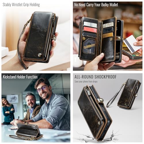 Defencase for iPhone 17 Wallet Case with RFID Blocking Card Holder, Coffee | Durable Soft PU Leather, with Zipper Pocket, Wrist Strap, Fashion Snap Flip Phone Cases Cover with Stand for Women and Men - color: Coffee