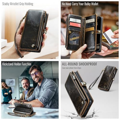 Defencase for iPhone 17 Wallet Case with RFID Blocking Card Holder, Coffee | Durable Soft PU Leather, with Zipper Pocket, Wrist Strap, Fashion Snap Flip Phone Cases Cover with Stand for Women and Men - color: Coffee