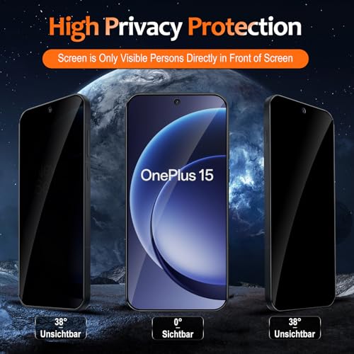 2 Pack Privacy Screen Protector for OnePlus 15, Tempered Glass Film full Coverage Anti Scratch, Anti-Spy, 9H Hardness, Bubble Free for OnePlus 15 Privacy Screen Protector - size: OnePlus 15