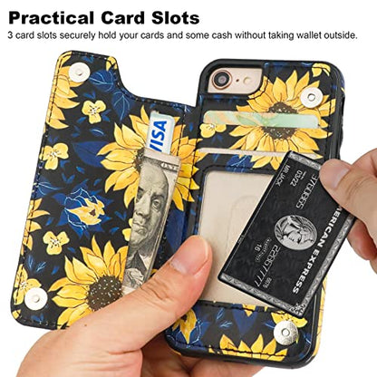 HAOPINSH for iPhone SE(2022) iPhone SE(2020) iPhone 7/8 Wallet Case with Card Holder, Blooming Sunflowers Back Flip Case PU Leather Kickstand Card Slots, Double Magnetic Clasp Cover 4.7" - color: Blooming Sunflowers