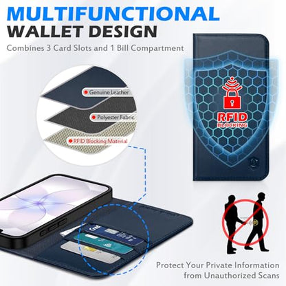 SHIELDON Genuine Leather Case Wallet for iPhone 17e/16e 6.1", Navy Blue | Flip, Magnetic Closure, RFID Blocking 3 Card Holder, Kickstand, Full Protection, Shock Absorbing Protective Cover - color: Navy Blue