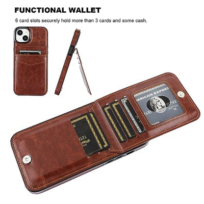 KIHUWEY for iPhone 15 Plus Wallet Case Card Holder Kickstand, Brown | Credit Card Slots, PU Leather, Magnetic Clasp, Flip Heavy Duty Protection Cover for Men and Women - color: Brown
