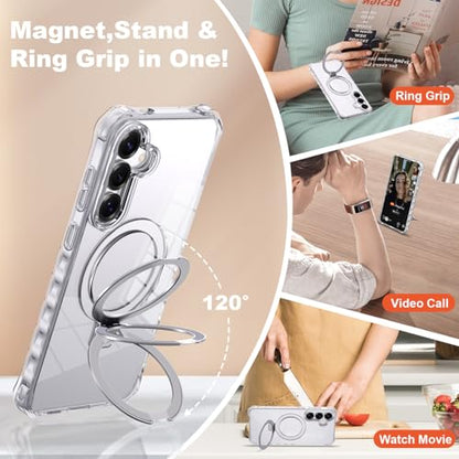 Compatible with Clear Samsung Galaxy S24/S25 Case 6.2'' with Magnetic Ring Stand [Compatible with Mag-Safe] Military-Grade Wave Frame Phone Case for S24/S25, Clear - color: Clear, size: Samsung Galaxy S24 /Samsung Galaxy S25