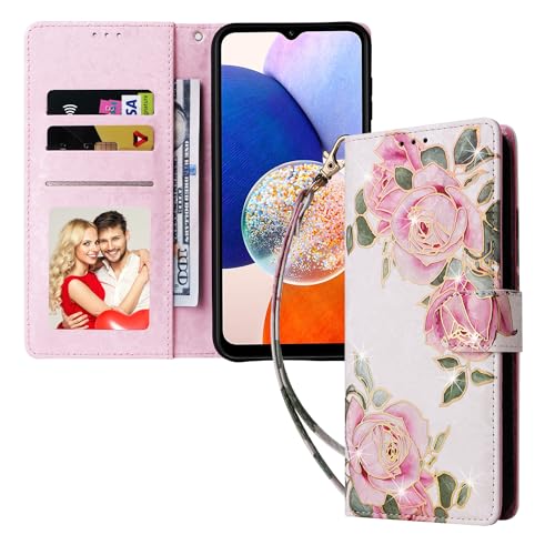UEEBAI Wallet Case for Samsung Galaxy A15 4G/5G, PU Leather Phone Case Kickstand RFID Blocking Flip Case Card Slots Wrist Strap Relief Engraved Pattern Magnetic Closure Folio Case - White Rose - color: White Rose, size: Samsung Galaxy A15 4G/5G