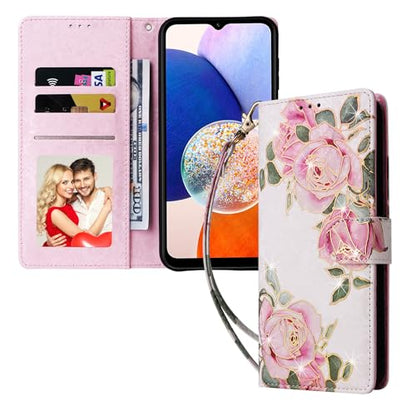 UEEBAI Wallet Case for Samsung Galaxy A15 4G/5G, PU Leather Phone Case Kickstand RFID Blocking Flip Case Card Slots Wrist Strap Relief Engraved Pattern Magnetic Closure Folio Case - White Rose - color: White Rose, size: Samsung Galaxy A15 4G/5G