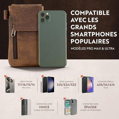 Moonster Leather Phone Holster – Genuine Full-Grain Leather for iPhone 17/16/15/14 Pro Max & Plus, Galaxy S25/S24 Ultra – Slim Belt Clip Phone Pouch with Magnetic Closure, Fits Thick Cases – 7” x 3.5” - color: Brown Vertical