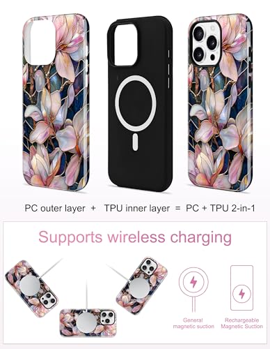 Magnetic Flower Phone Case for iPhone 17 Pro, White Magnolia | Compatible with MagSafe, Cute Stained Glass Floral Aesthetic, TPU and PC Shockproof Protective Phone Cover for Women Girls - color: Staind Glass White Magnolia