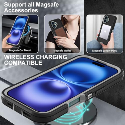 YKHJKLEC for iPhone 16 Case, Compatible with Magsafe, Military Grade 3 in 1 Heavy Duty Shockproof/Drop Proof/Dust Proof Case with 2Pcs Tempered Glass Screen Protector (New-Black/Grey) - color: New-Black/Grey