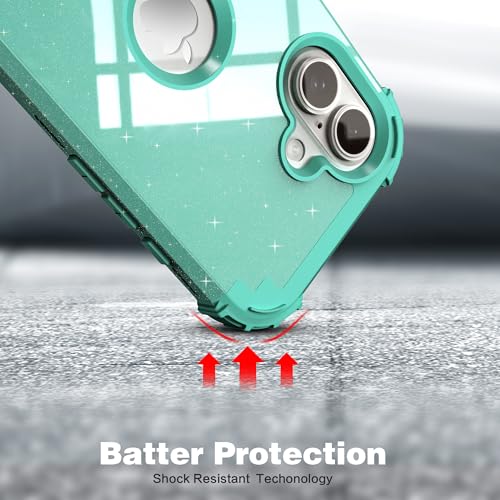 IDweel for iPhone 17 Case with Screen Protector for Women, 3 in 1 Shockproof Slim Fit Hybrid Heavy Duty Hard PC Cover Soft Silicone Bumper Full Body Anti-Fingerprint Case, Glitter Cyan - color: Glitter Cyan