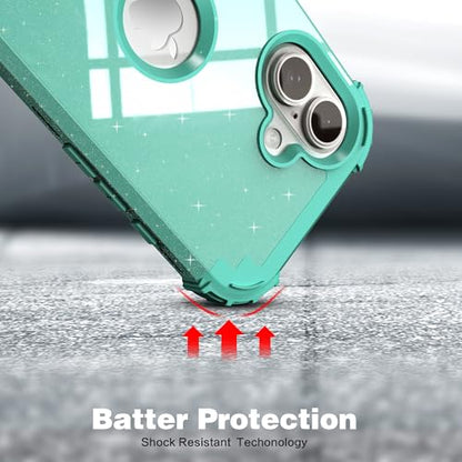 IDweel for iPhone 17 Case with Screen Protector for Women, 3 in 1 Shockproof Slim Fit Hybrid Heavy Duty Hard PC Cover Soft Silicone Bumper Full Body Anti-Fingerprint Case, Glitter Cyan - color: Glitter Cyan