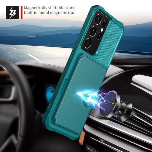 Wallet Case for Samsung Galaxy S21 Ultra, Compatible with Magnetic Car Mount, Heavy Duty Shockproof Rugged Soft TPU Back Leather Flip Credit Card Holder Cover 6.8 inch, Green - color: Green, size: Samsung Galaxy S21 Ultra