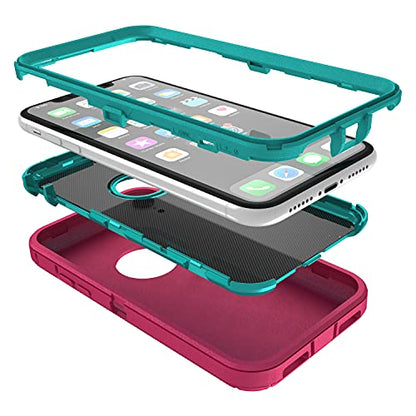 MXX Compatible with iPhone Xr Case, 3-Layer Super Protective Full Heavy Duty Body Tough Rugged Bumper Cover, Shock & Dust Proof, Designed for Apple Xr Phone Case 6.1" - color: Pink/Teal Blue