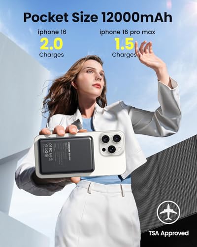 Power Bank 12000mAh Magnetic Portable Charger Power Bank PD 22.5W USB C Fast Charging Wireless Battery Pack Phone Charger for iPhone 16/15/14/13/12 All Series