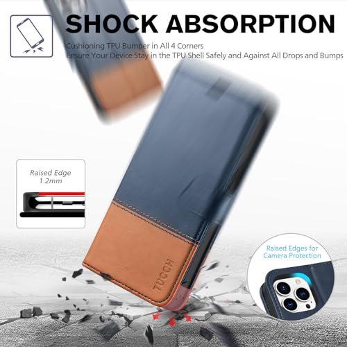 TUCCH Case Wallet for iPhone 13 Pro 6.1", RFID Blocking Folio, Blue & Brown | 3 Card Holders, Kickstand, PU Leather, Magnetic Closure, Shockproof TPU Shell, Protective Flip Cover - color: Dark Blue & Brown