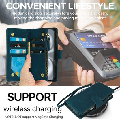 RANYOK Compatible with iPhone 16 Case Wallet - PU Leather Wallet Case for iPhone 16 with Credit Card Holder RFID Blocking Zipper Pocket with Wrist Strap Flip Folio Protective Case (Blue) - color: Blue, size: iPhone 16, 6.1"