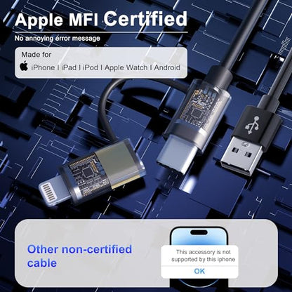 USB to USB-C and Lightning Cable Combo 2 in 1 Coiled Cable Support Apple Carplay & Android Auto [MFi & 3A Fast Charge & Data Sync] Coiled Lightning and USB C Cable for iPhone 17/16/15/14/13/12/Android - color: Black