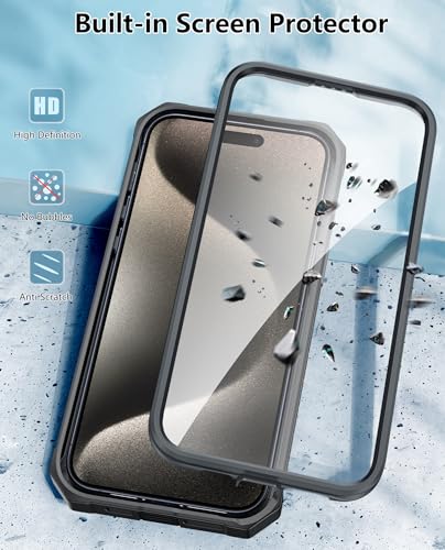 FNTCASE for iPhone 15 Pro Case with Belt Clip, Rugged Kickstand | Built-in Screen Protector, Military-Grade Drop Protection, Heavy Duty Shockproof Holster Protective Cover - color: T-Black