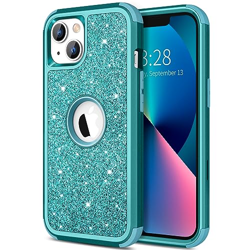 Hython Case for iPhone 13 Case Glitter, Cute Sparkly Shiny Bling Sparkle Cover, Heavy Duty 3 in 1 Hybrid Hard PC Soft TPU Bumper Full Body Shockproof Protective Phone Cases for Women Girls, Teal - color: Teal