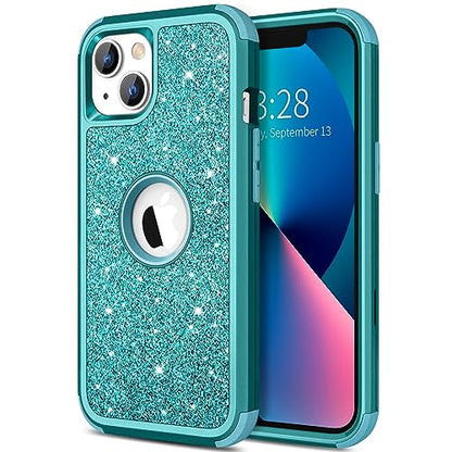 Hython Case for iPhone 13 Case Glitter, Cute Sparkly Shiny Bling Sparkle Cover, Heavy Duty 3 in 1 Hybrid Hard PC Soft TPU Bumper Full Body Shockproof Protective Phone Cases for Women Girls, Teal - color: Teal