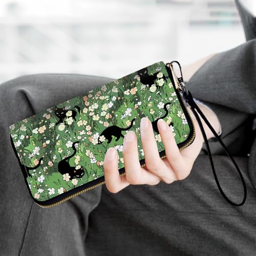 Ladies Wallet,Clutch Purses for Women Wallets Leather Credit Card Holder for Women Wristlet Slim Small Cute with Zipper,Thin RFID Blocking with Wrist Strap,Cat Flower Green - color: Cat Flower Green