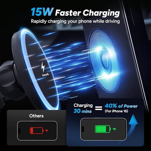 Lecork for Magsafe Car Mount, 15W Magnetic Wireless Charger for iPhone, Magsafe Air Vent Car Holder Charger for iPhone 16 Pro Max/16/15/14 13 12, Samsung S25/S25+/Ultra, RGB LED Design