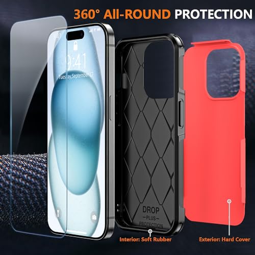 Shockproof for iPhone 15 Case,[15 FT Military Grade Drop Protection],with 2X [Tempered Glass Screen Protector ] with Air Bumpers Full-Body Protective Phone Case,Red Black - color: Red Black