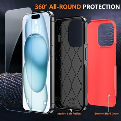 Shockproof for iPhone 15 Case,[15 FT Military Grade Drop Protection],with 2X [Tempered Glass Screen Protector ] with Air Bumpers Full-Body Protective Phone Case,Red Black - color: Red Black