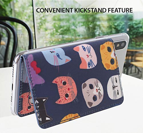 ID Card Holder for Back of Phone Leather Phone Wallet Stick On with Stand Flip Waterproof Leather Adhesive Wallet for Most Cellphones (Blue Cat) - color: Blue Cat