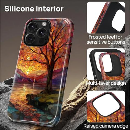 Magnetic Phone Case for iPhone 14 Pro,Compatible with MagSafe,Durable 2 Layers Full Covered Shockproof Protective Cover-Stained Glass Sunrise Fall Leaves - color: Stained Glass Sunrise Fall Leaves, size: iPhone 14 Pro